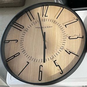 Identical wall clocks, round, large, black frame, brown interior